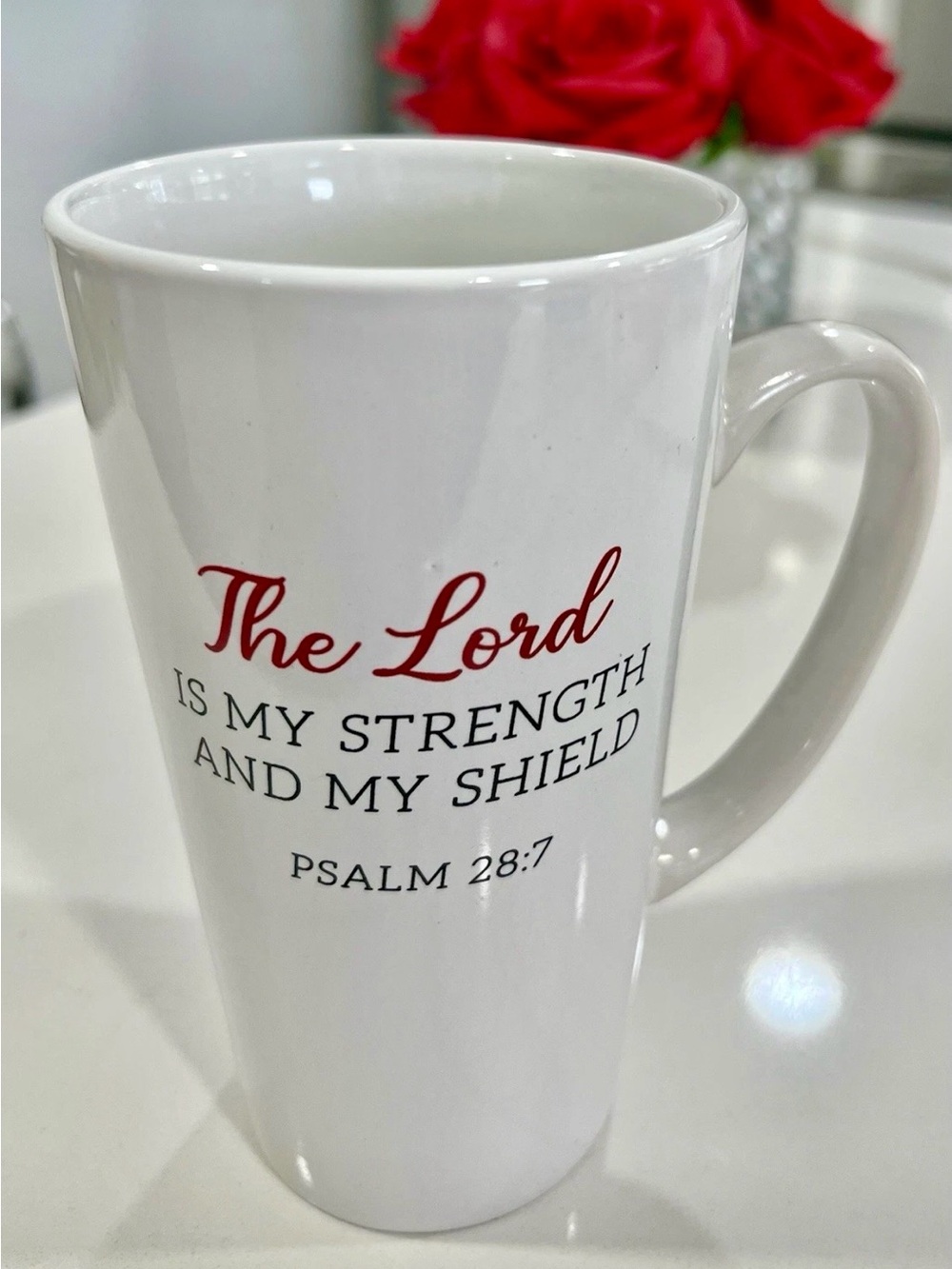 Inspirational Coffee Mug – White Ceramic Latte Cup – Psalm 28:7